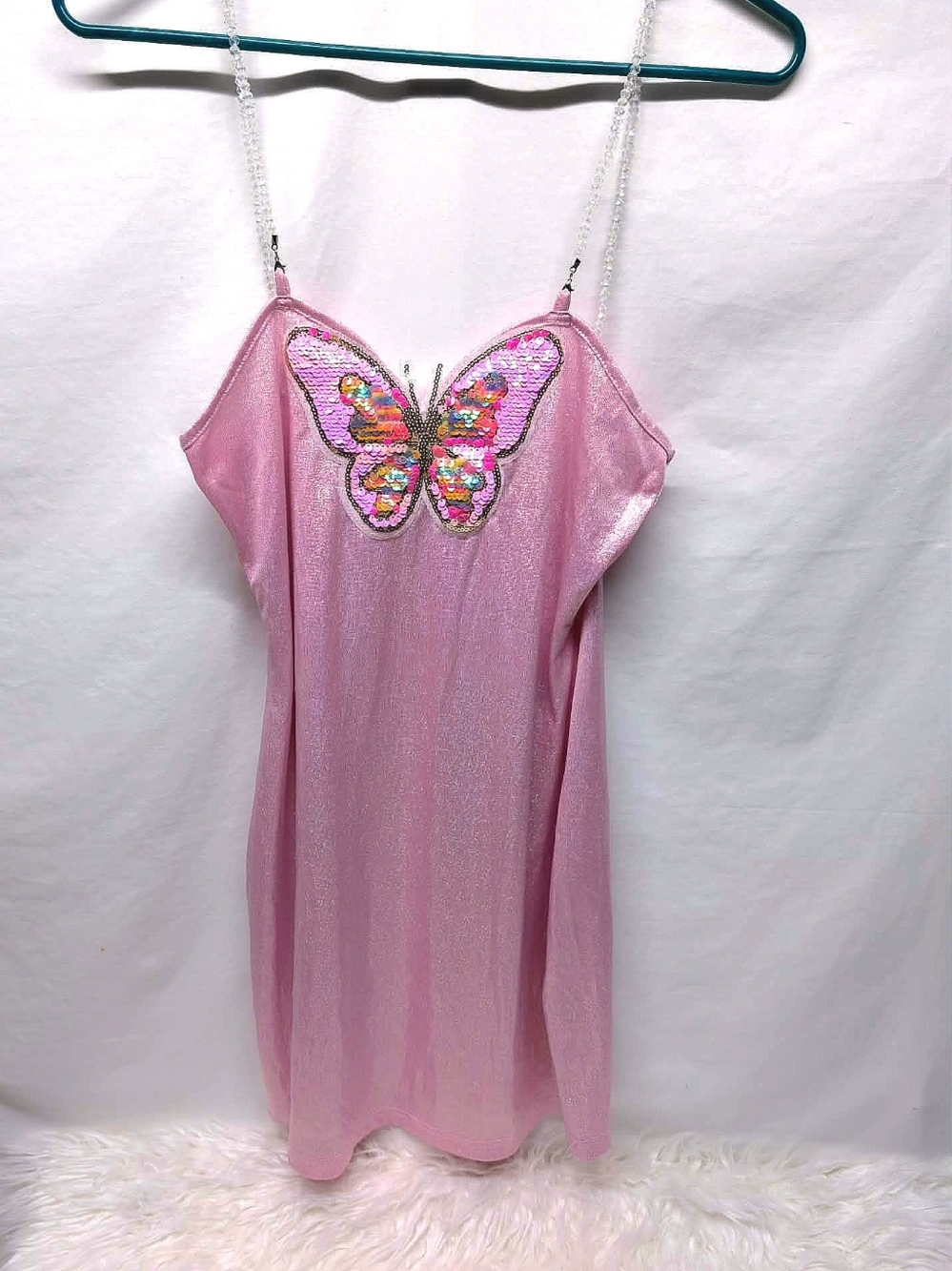 Nwot Y2k Pink Sequin Butterfly Chemise Slip